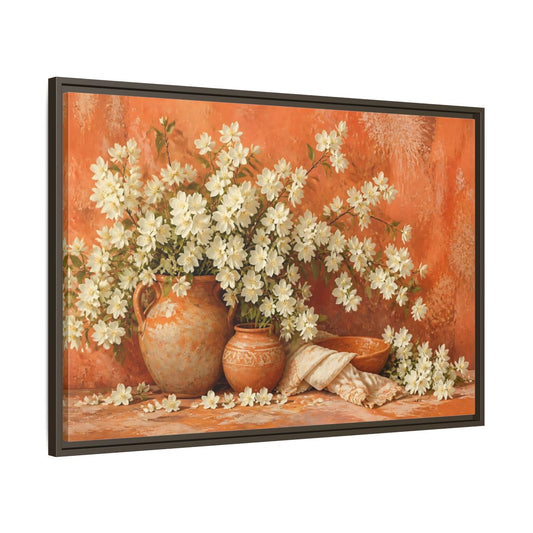 Main Mockup. Floral White Jasmine Bouquet shown as framed canvas print