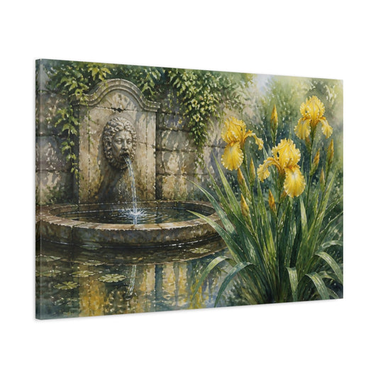 Main Mockup. Floral Yellow Iris Garden Fountain shown as canvas print