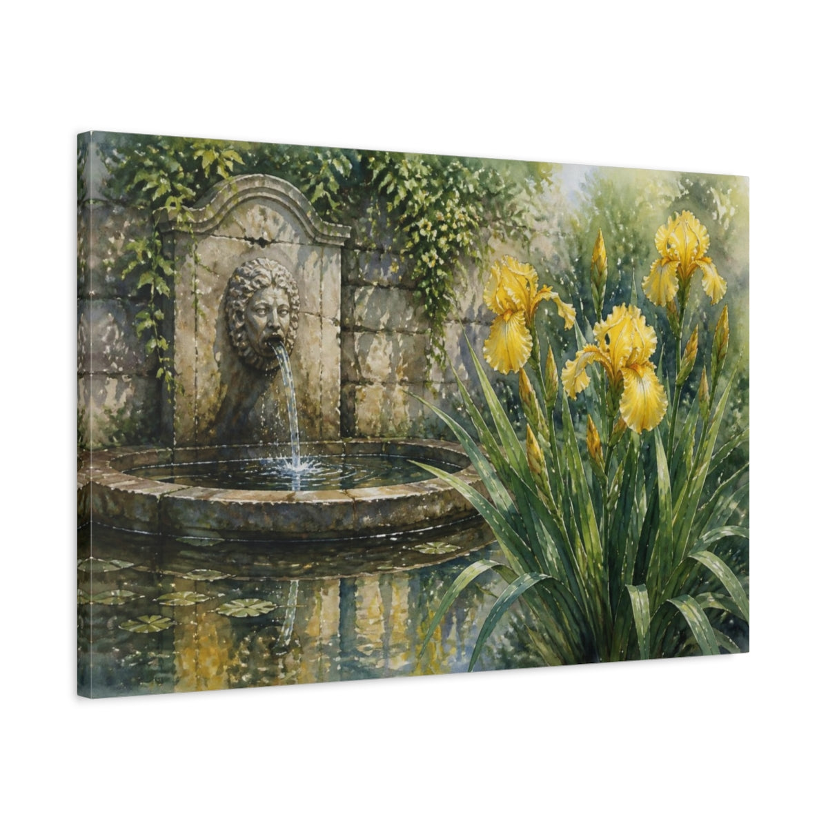 Side Mockup 2. Floral Yellow Iris Garden Fountain shown as canvas print