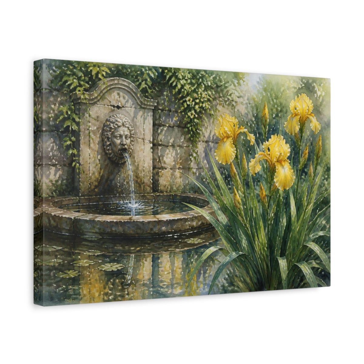 Side Mockup 4. Floral Yellow Iris Garden Fountain shown as canvas print