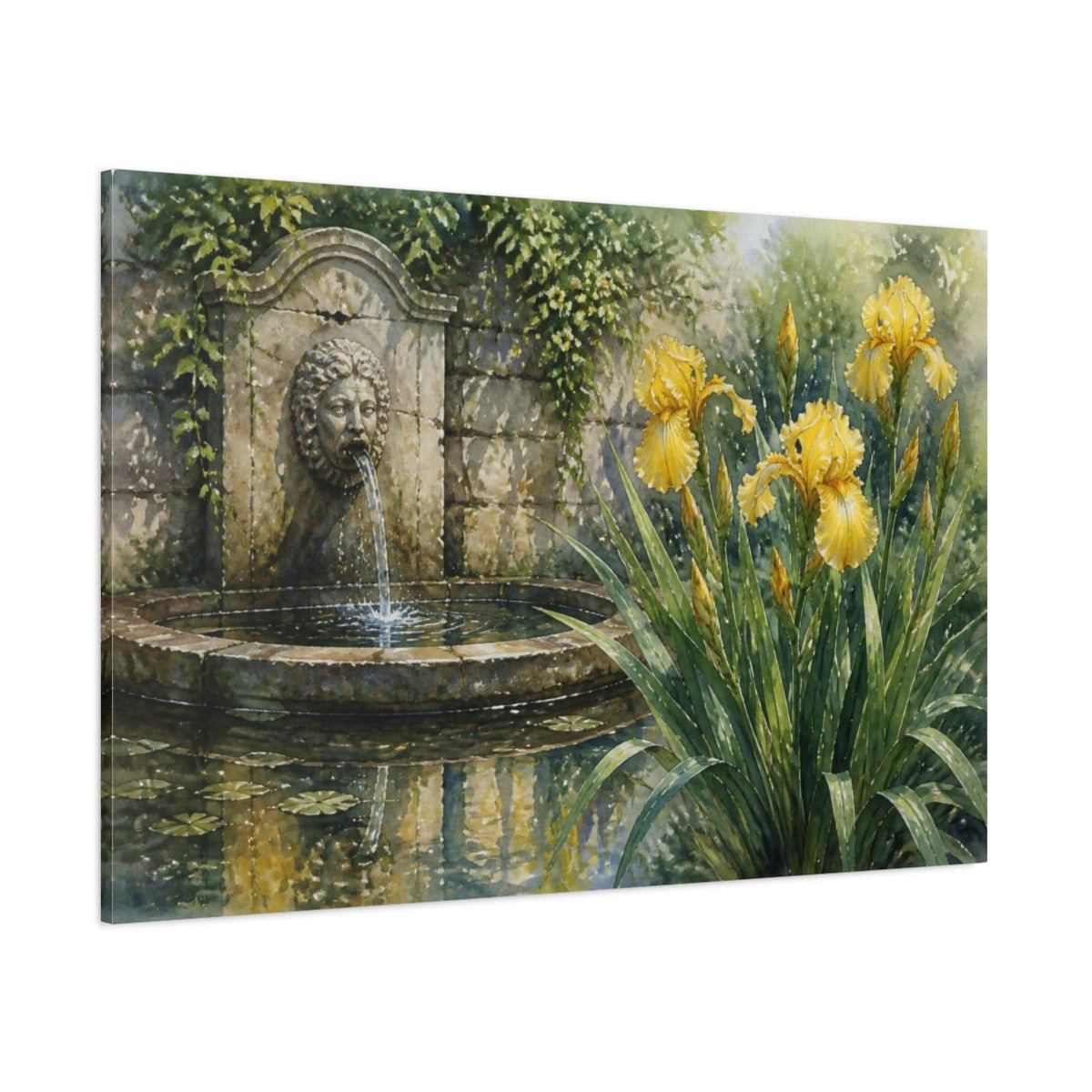 Side Mockup 1. Floral Yellow Iris Garden Fountain shown as canvas print