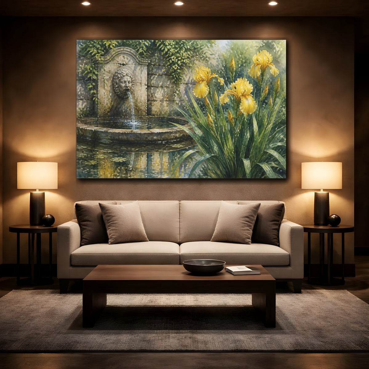 Mockup 2. Floral Yellow Iris Garden Fountain shown as canvas print