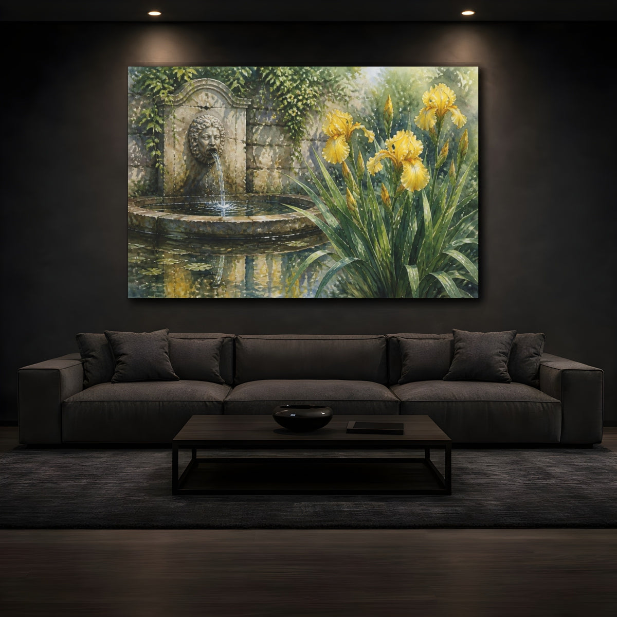 Mockup 3. Floral Yellow Iris Garden Fountain shown as canvas print