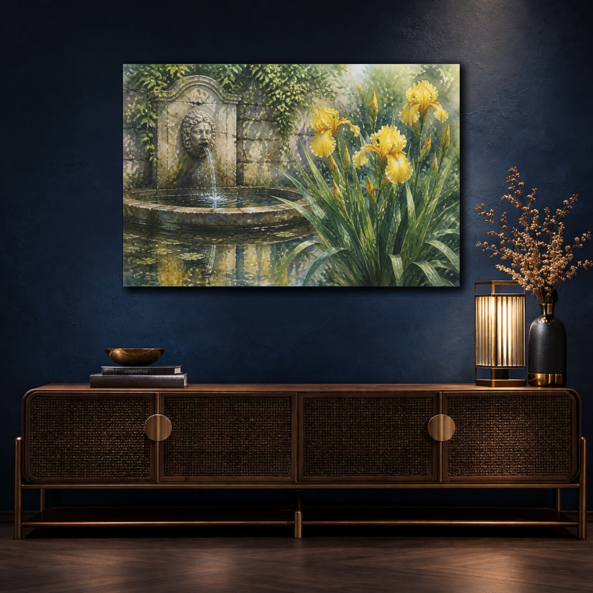 Mockup 4. Floral Yellow Iris Garden Fountain shown as canvas print