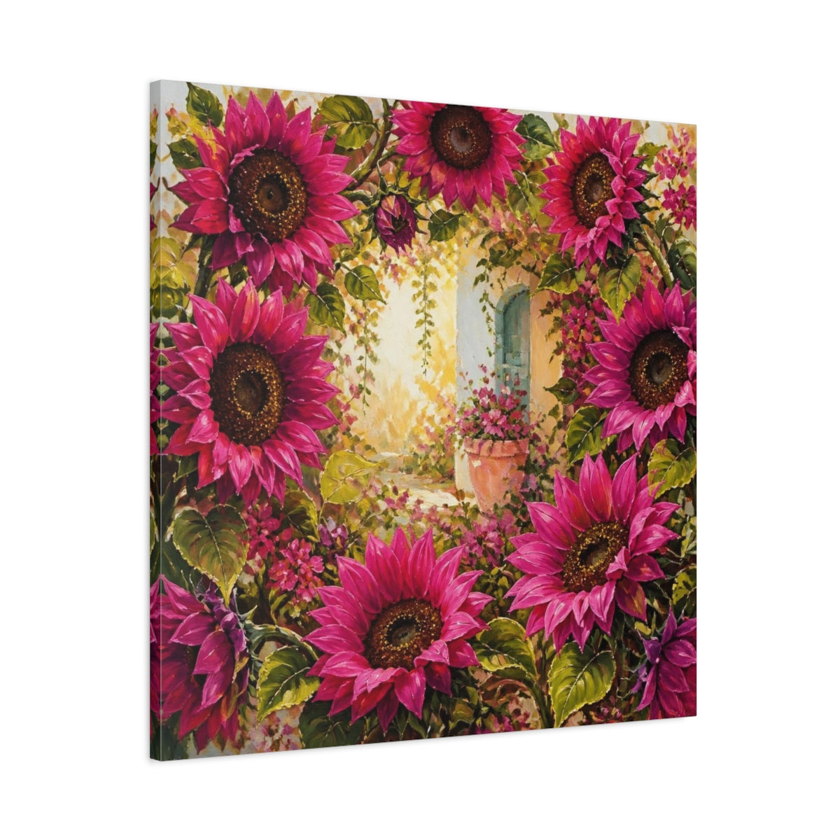 Main Mockup. Flowers Magenta Sunflowers In Courtyard shown as canvas print