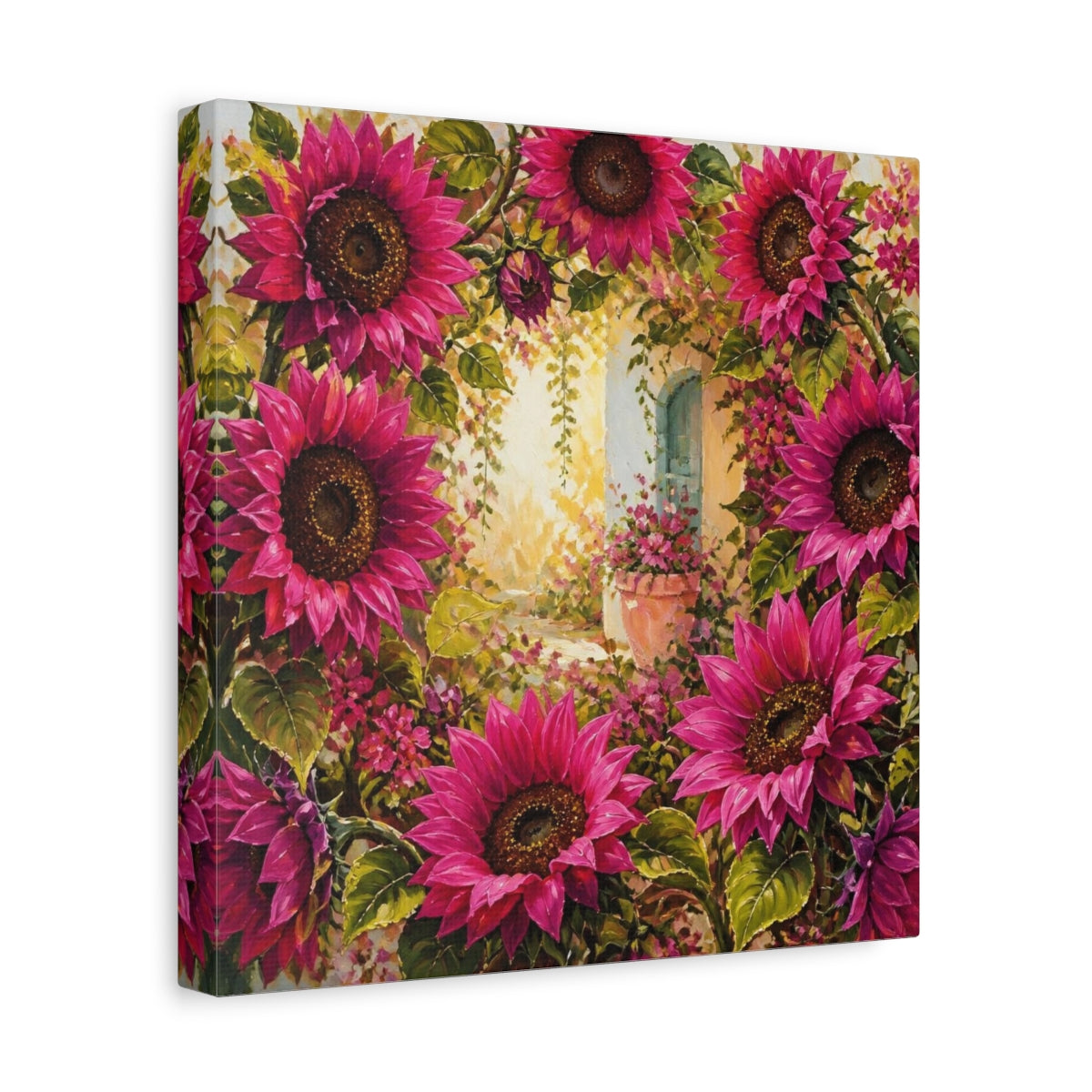 Side Mockup 8. Flowers Magenta Sunflowers In Courtyard shown as canvas print