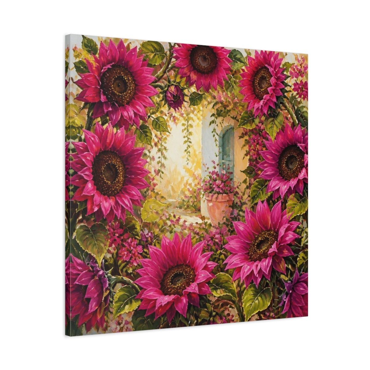 Side Mockup 3. Flowers Magenta Sunflowers In Courtyard shown as canvas print