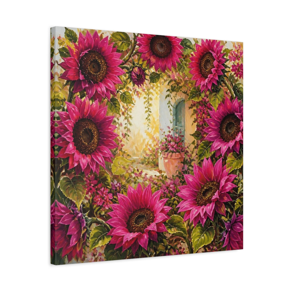Side Mockup 4. Flowers Magenta Sunflowers In Courtyard shown as canvas print