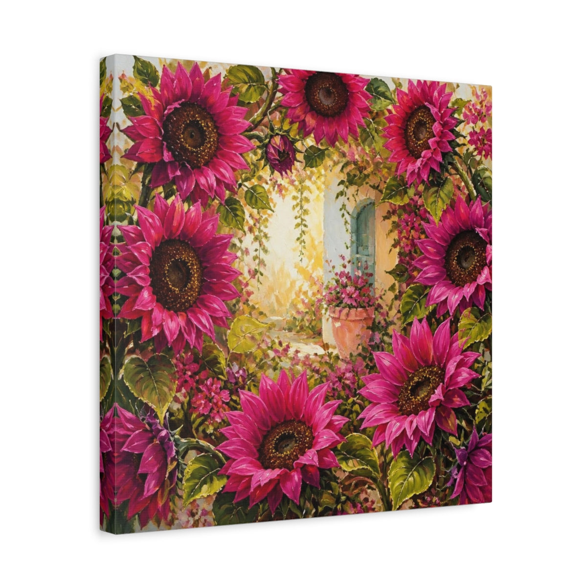 Side Mockup 6. Flowers Magenta Sunflowers In Courtyard shown as canvas print