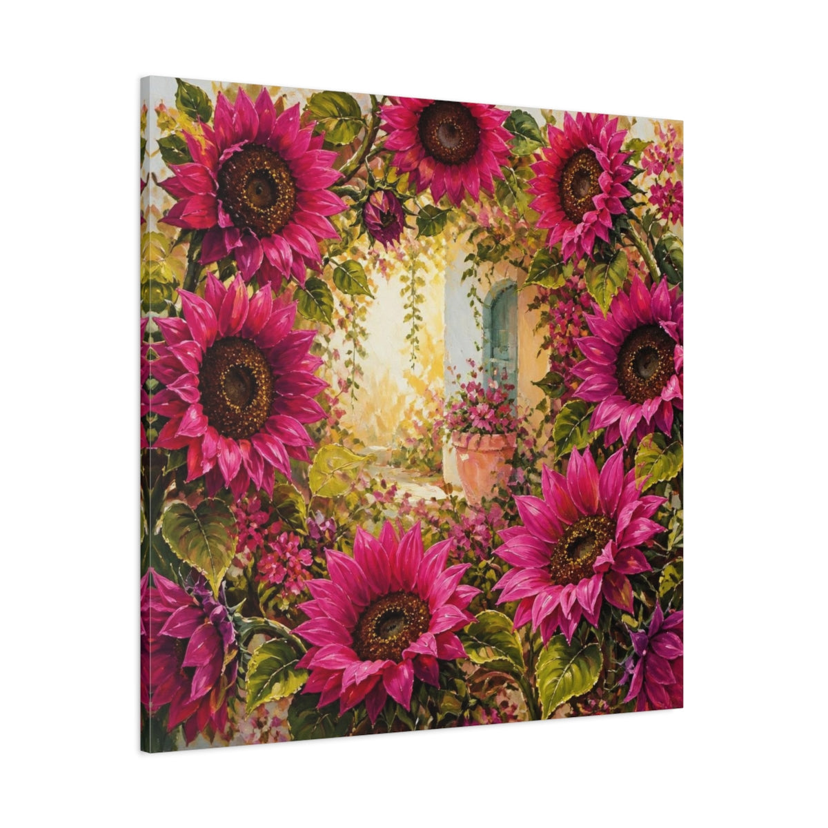 Side Mockup 1. Flowers Magenta Sunflowers In Courtyard shown as canvas print