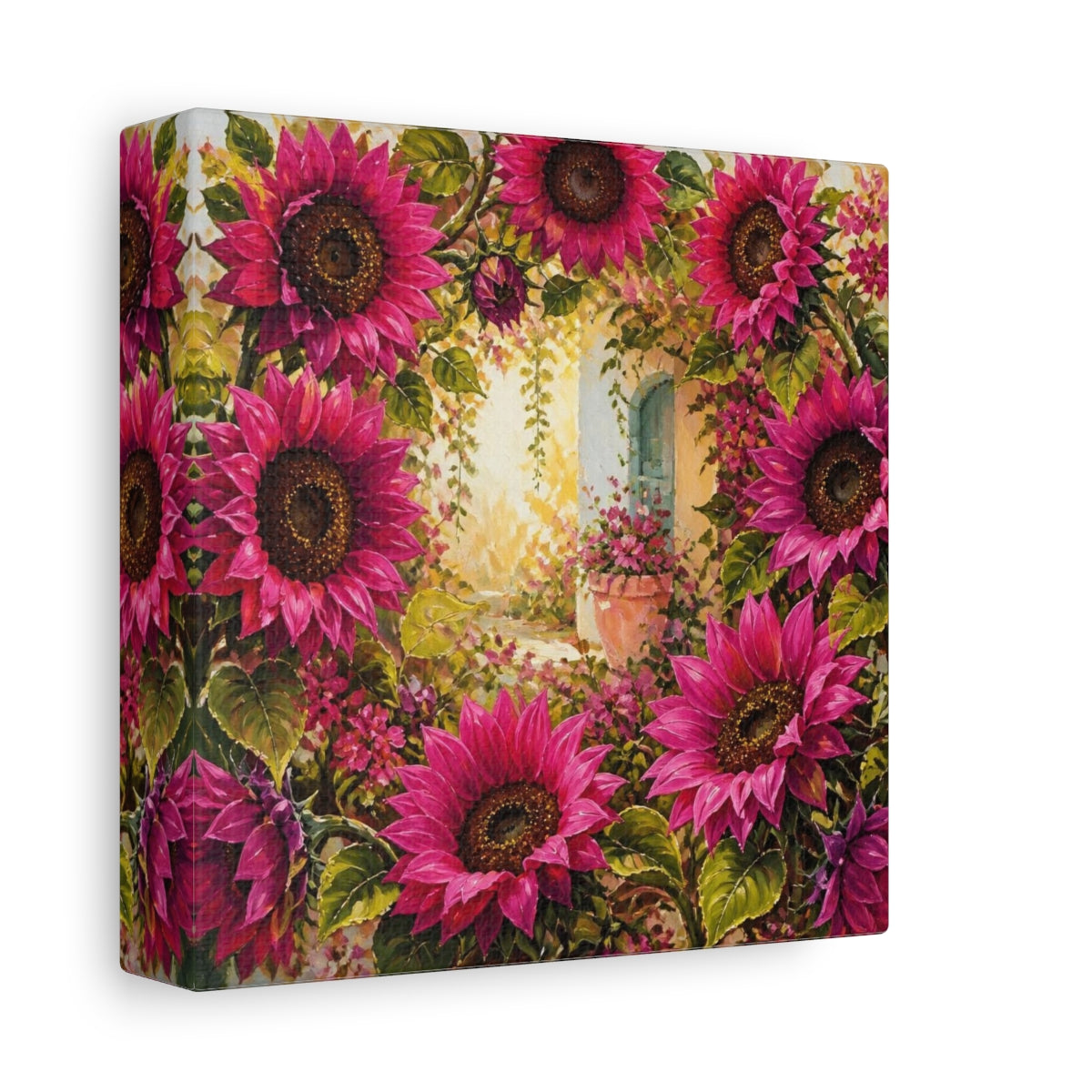 Side Mockup 2. Flowers Magenta Sunflowers In Courtyard shown as canvas print