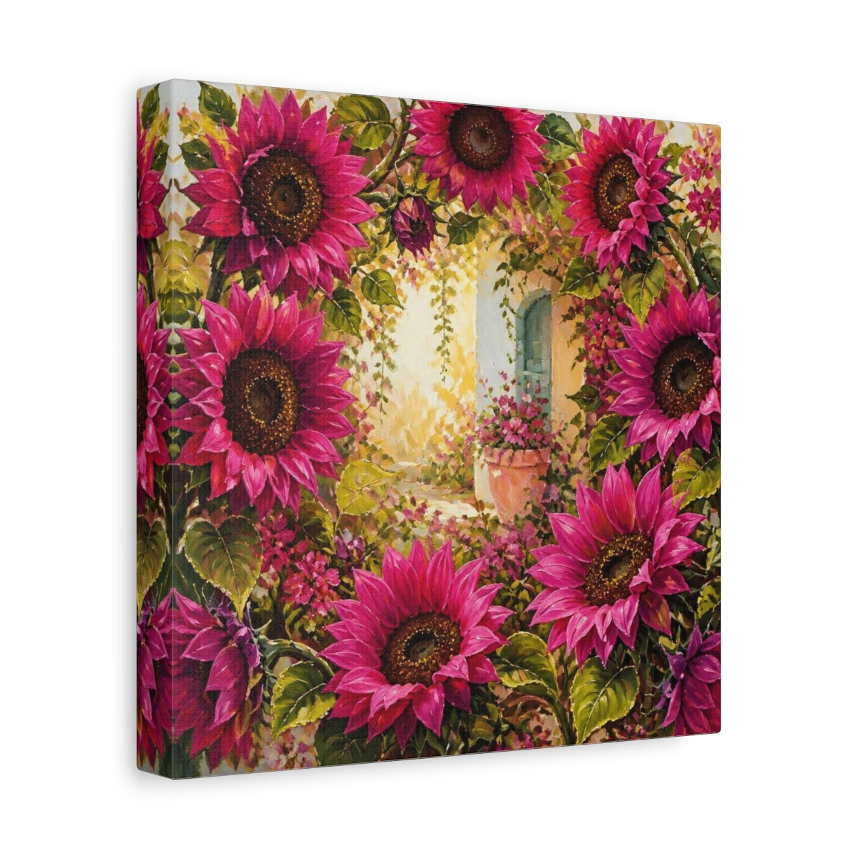 Side Mockup 9. Flowers Magenta Sunflowers In Courtyard shown as canvas print