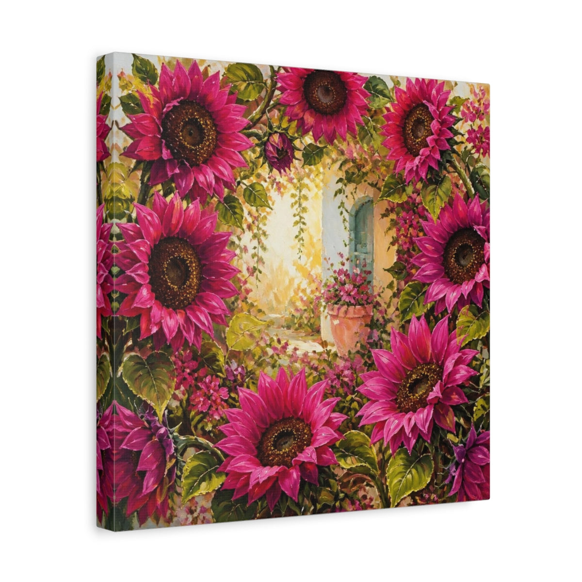 Side Mockup 7. Flowers Magenta Sunflowers In Courtyard shown as canvas print