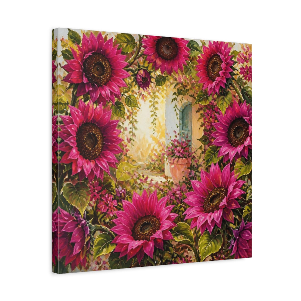 Side Mockup 5. Flowers Magenta Sunflowers In Courtyard shown as canvas print