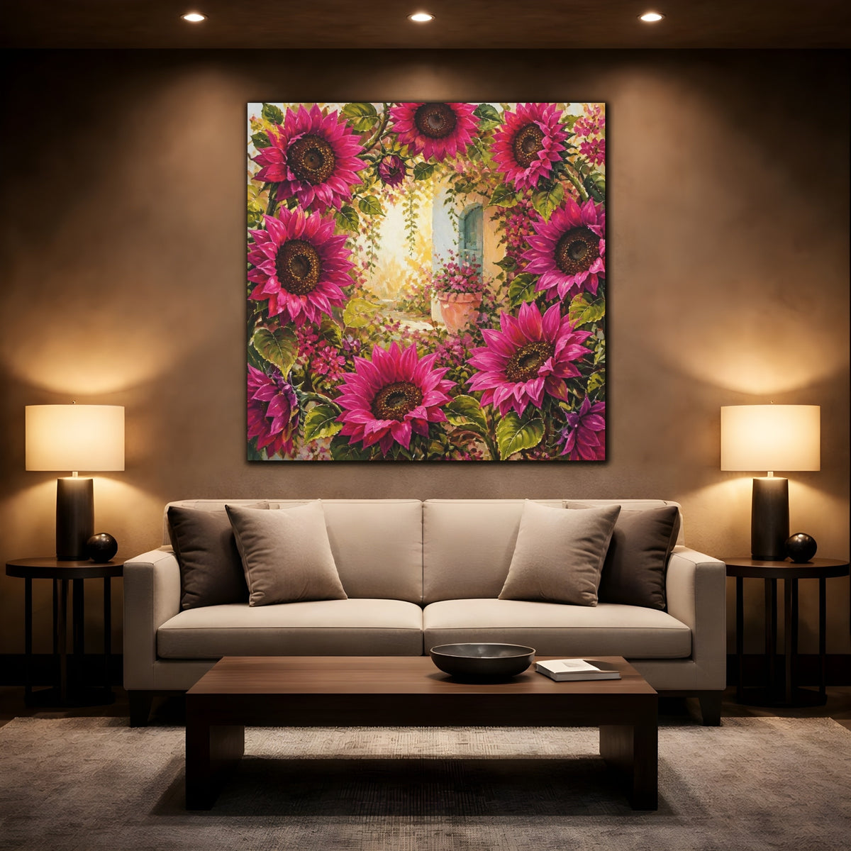 Mockup 2. Flowers Magenta Sunflowers In Courtyard shown as canvas print