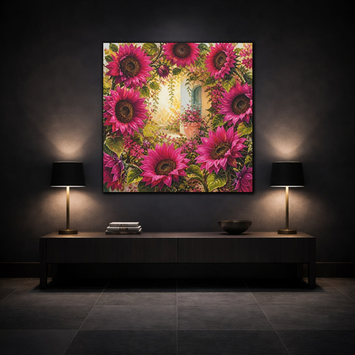 Mockup 3. Flowers Magenta Sunflowers In Courtyard shown as canvas print