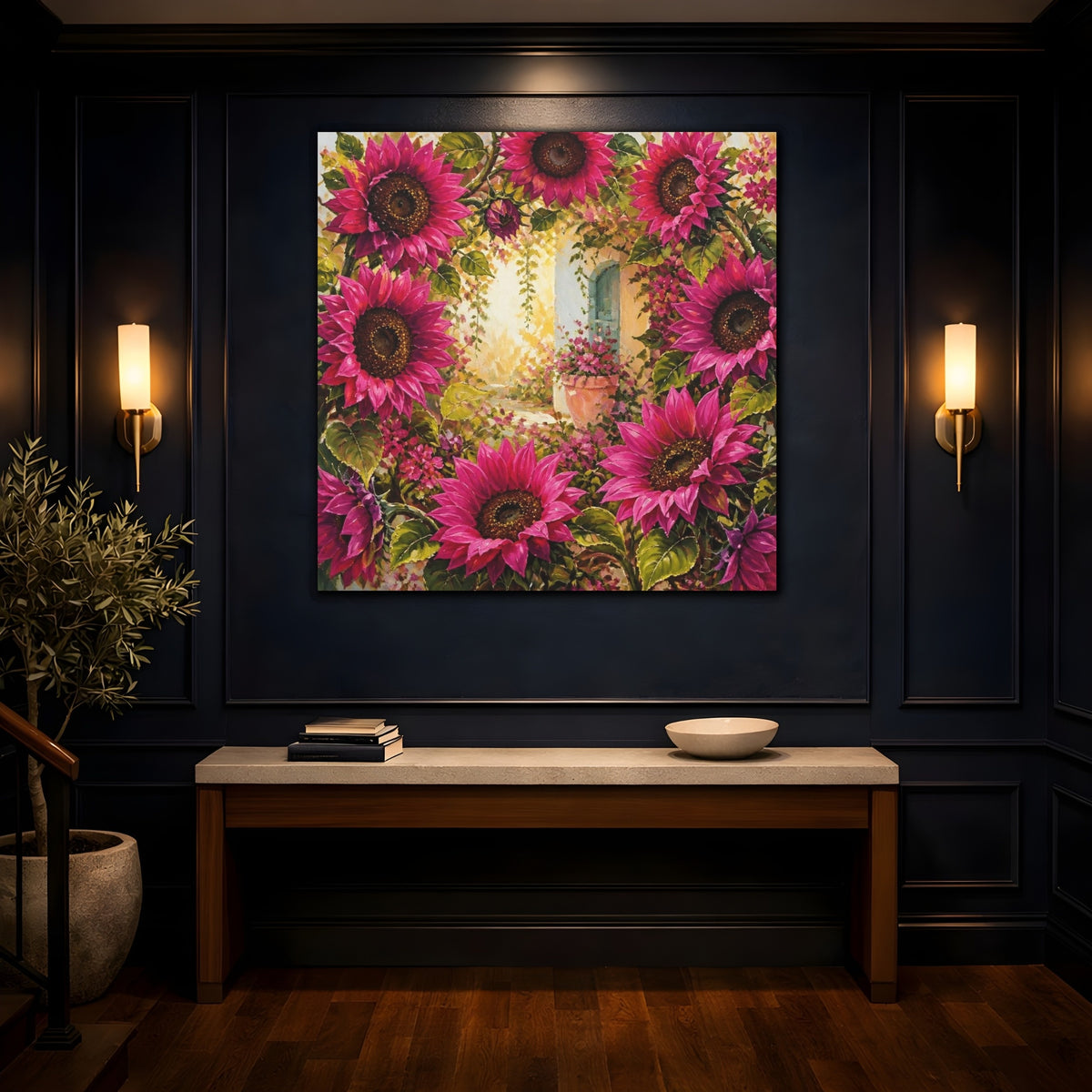 Mockup 4. Flowers Magenta Sunflowers In Courtyard shown as canvas print