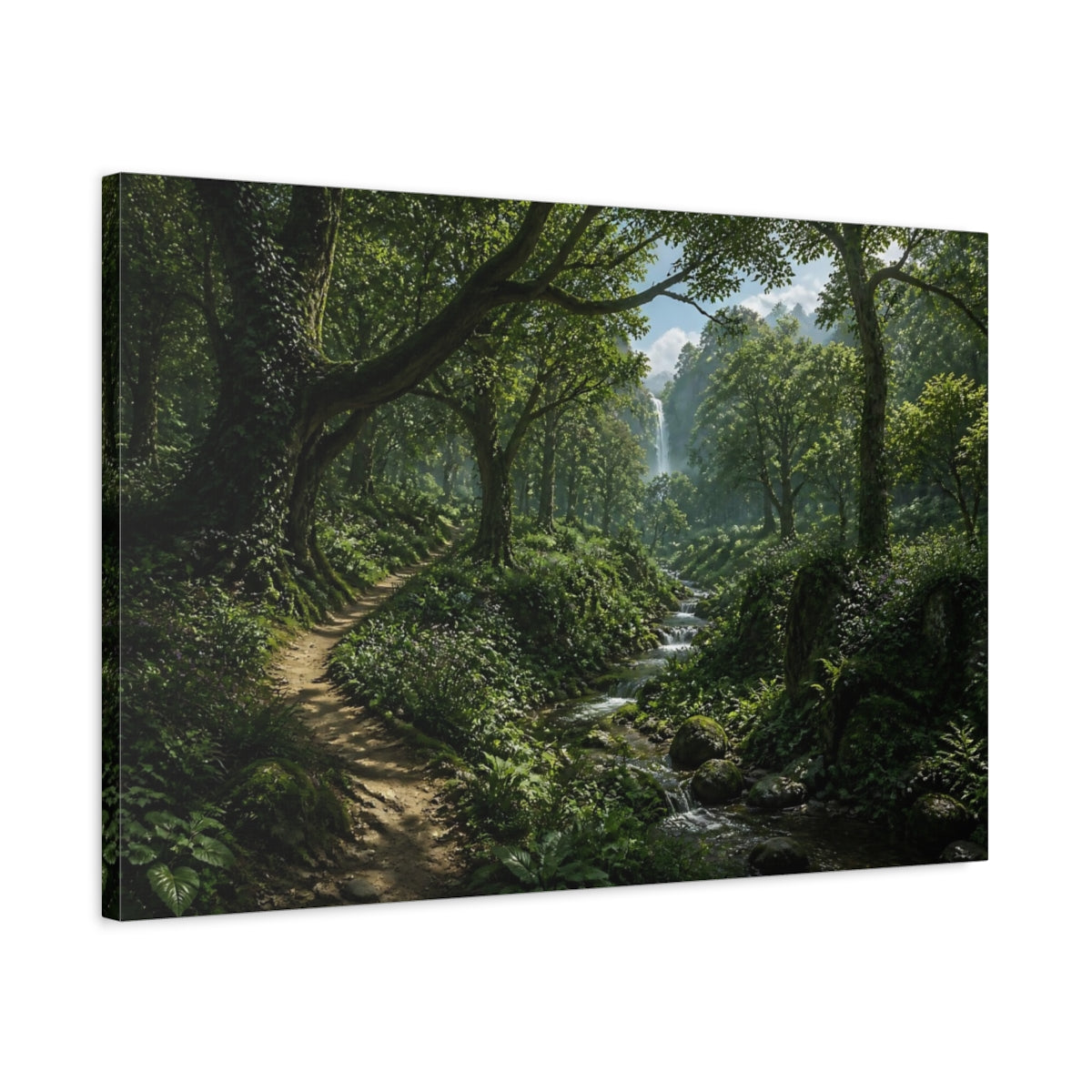 Side Mockup 2. Forest Path With Waterfall shown as canvas print