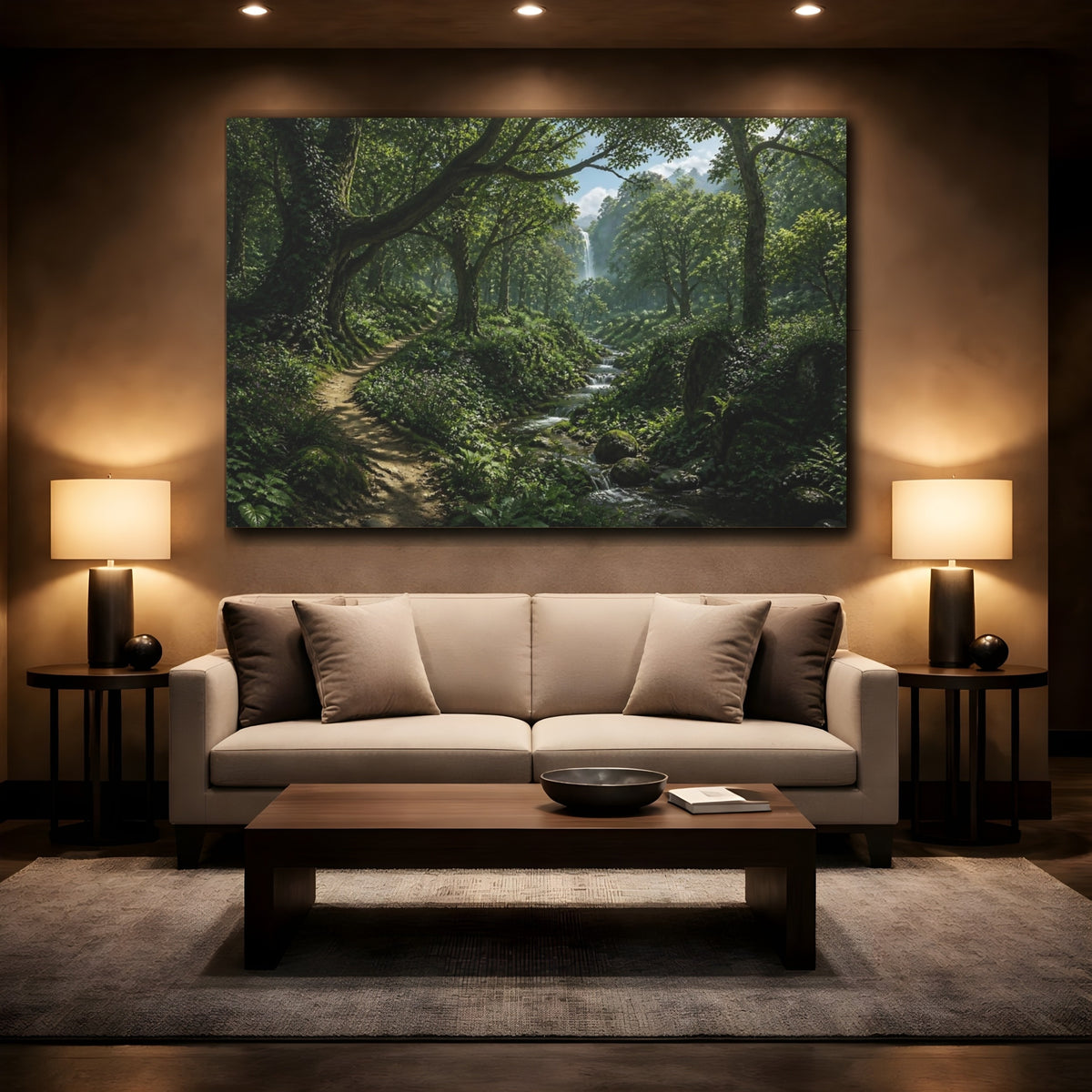 Mockup 2. Forest Path With Waterfall shown as canvas print