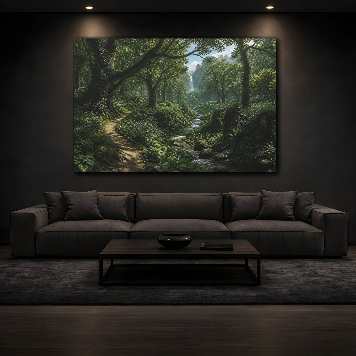 Mockup 3. Forest Path With Waterfall shown as canvas print