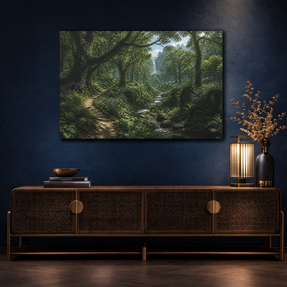 Mockup 4. Forest Path With Waterfall shown as canvas print