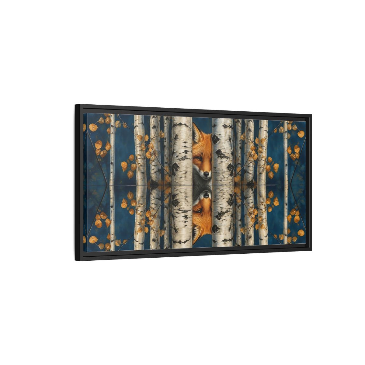 Side Mockup 2. Fox Among Birch Trees shown as framed canvas print