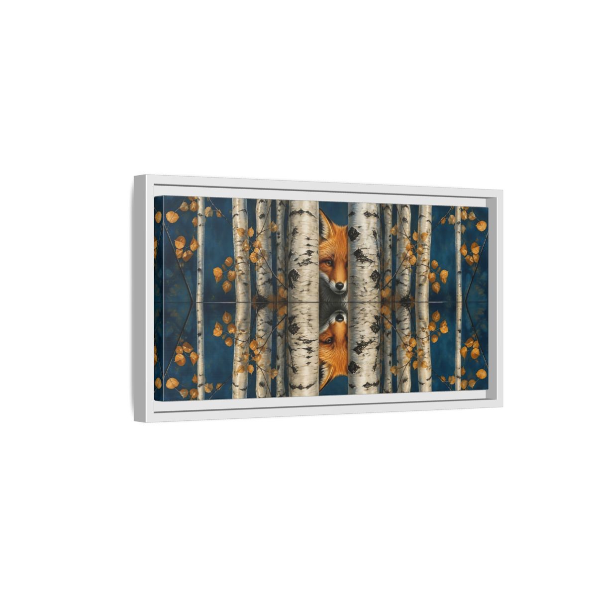 Side Mockup 6. Fox Among Birch Trees shown as framed canvas print