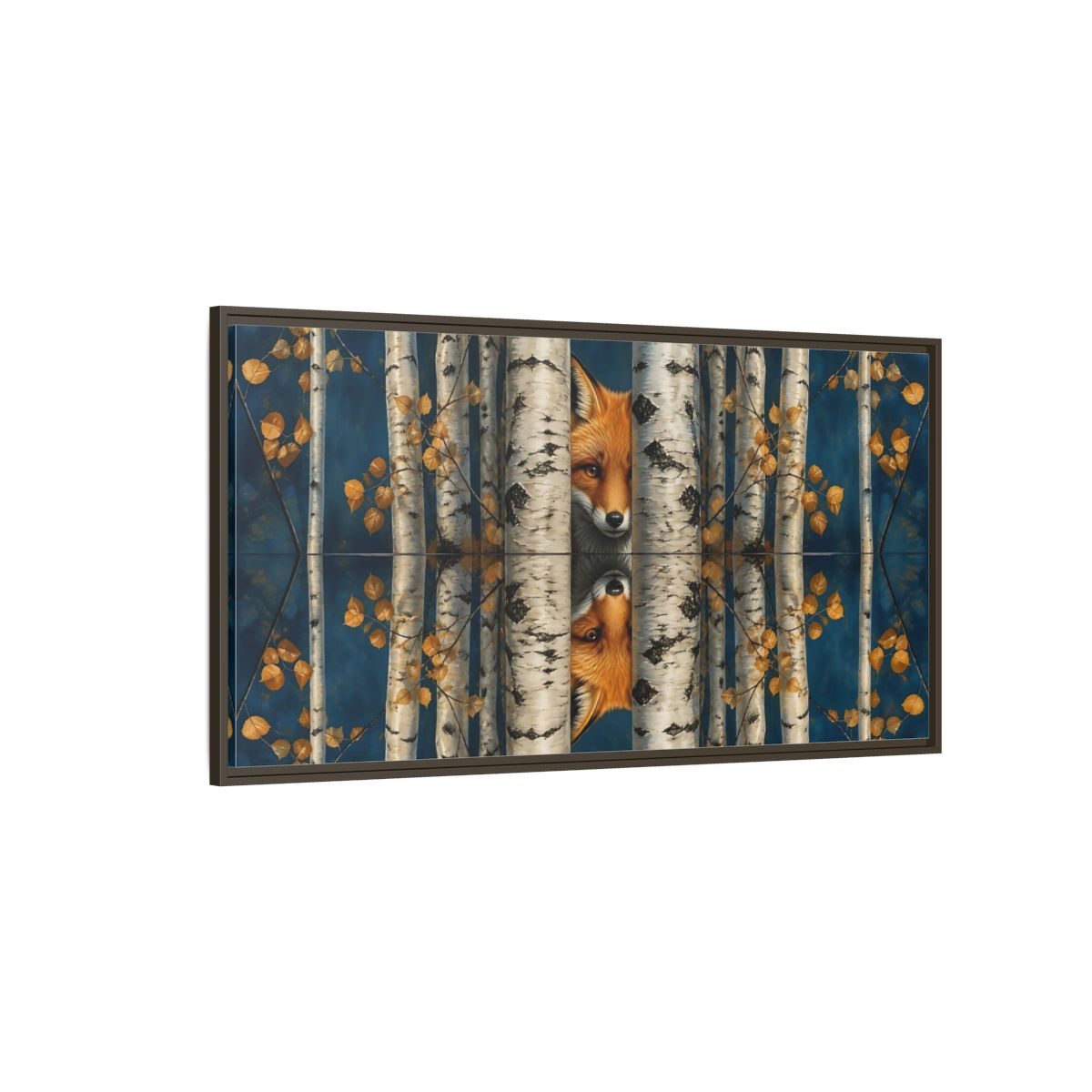 Side Mockup 4. Fox Among Birch Trees shown as framed canvas print