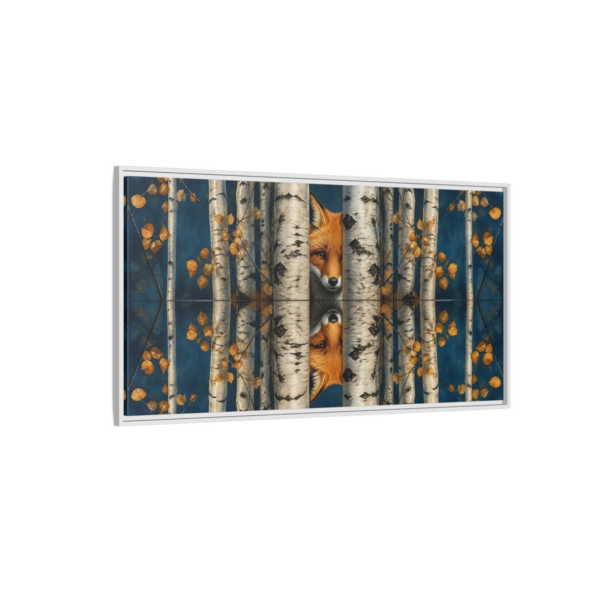 Side Mockup 3. Fox Among Birch Trees shown as framed canvas print