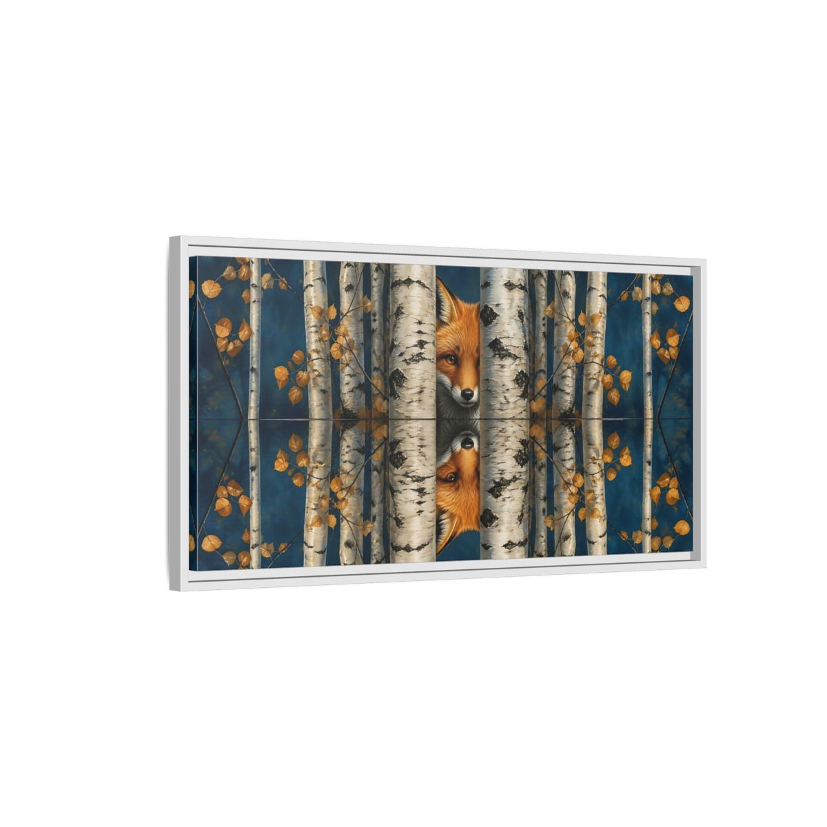 Side Mockup 1. Fox Among Birch Trees shown as framed canvas print