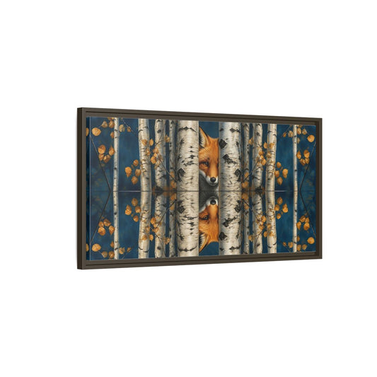 Main Mockup. Fox Among Birch Trees shown as framed canvas print
