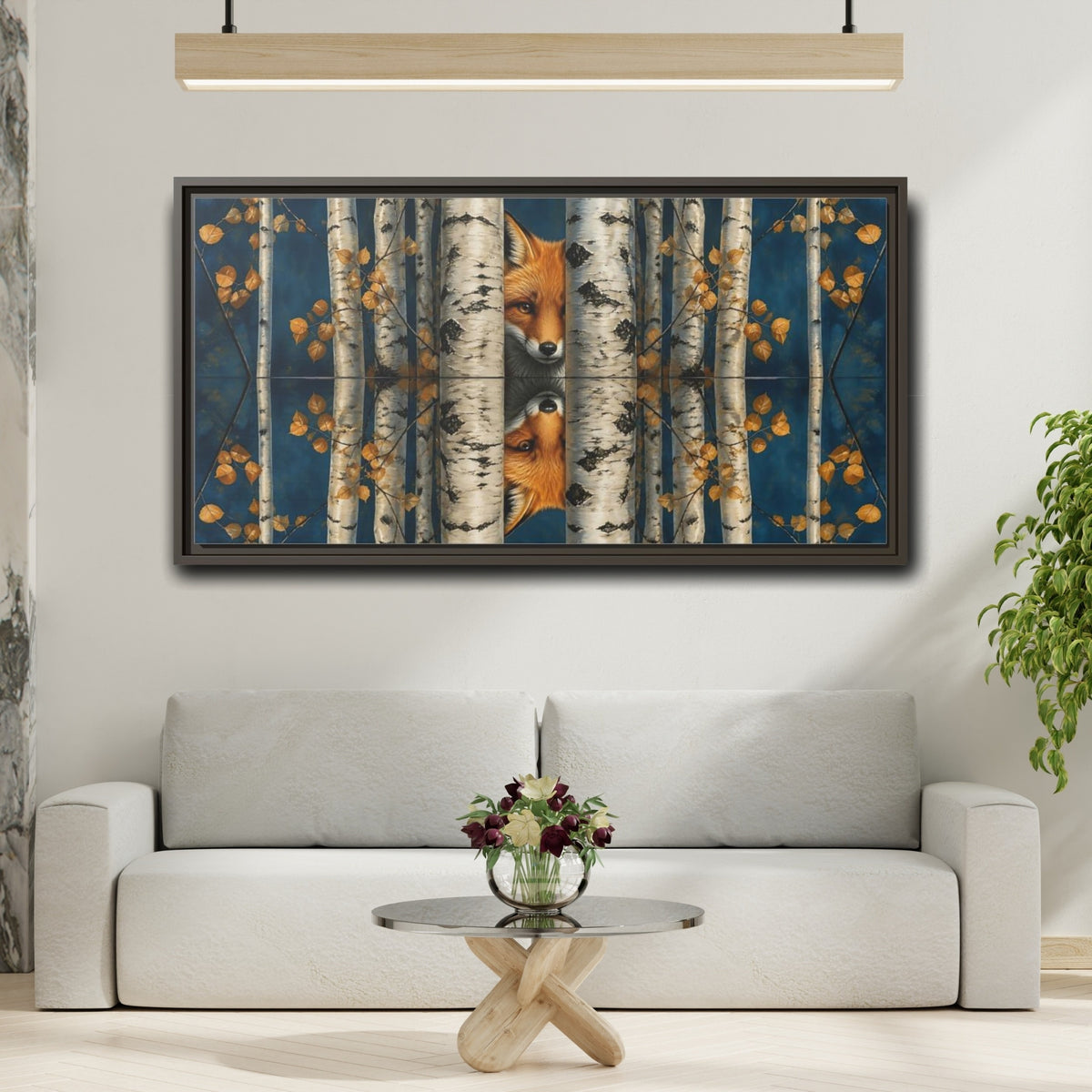 Mockup 2. Fox Among Birch Trees shown as framed canvas print