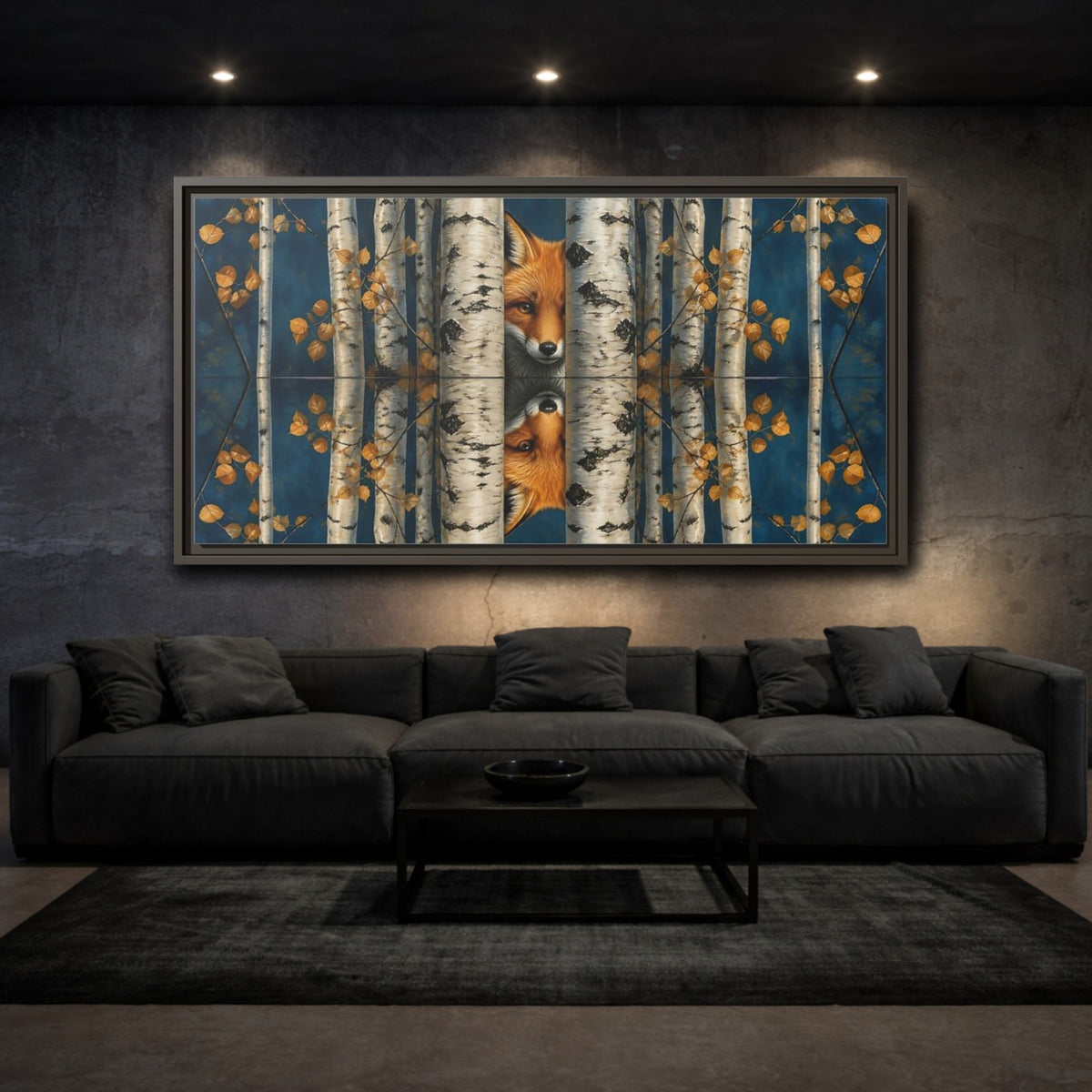 Mockup 3. Fox Among Birch Trees shown as framed canvas print