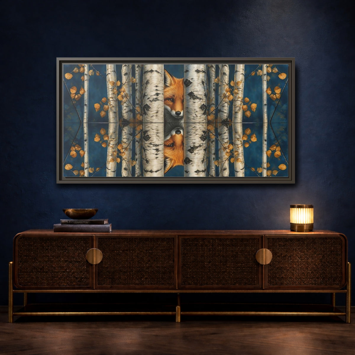 Mockup 4. Fox Among Birch Trees shown as framed canvas print