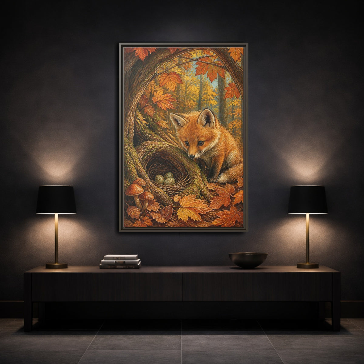 Mockup 3. Fox Cub Kids Room shown as framed canvas print