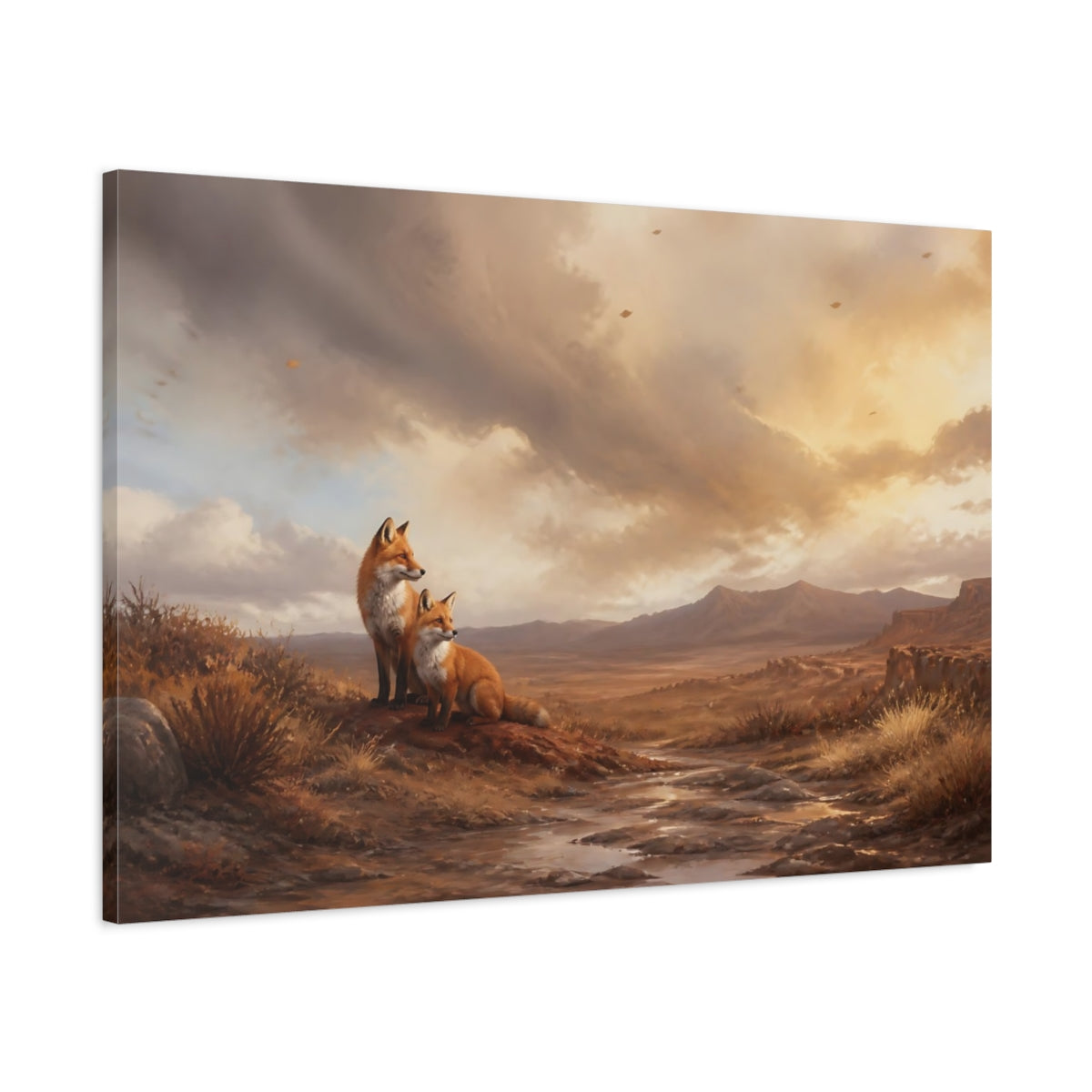 Main Mockup. Foxes In Desert Landscape shown as canvas print