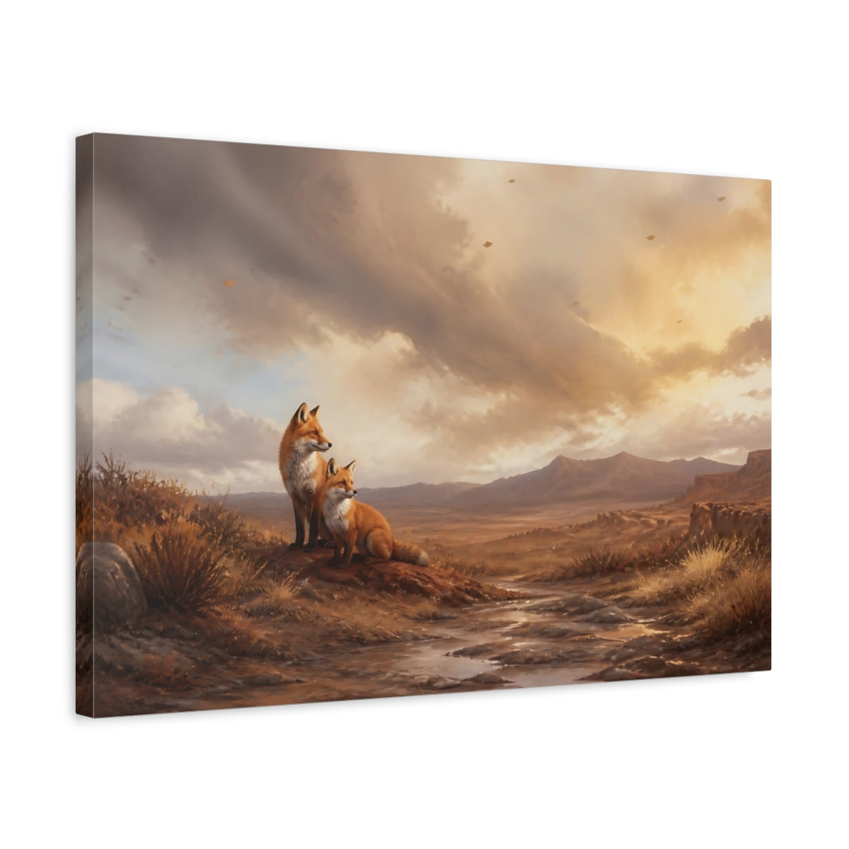 Side Mockup 3. Foxes In Desert Landscape shown as canvas print