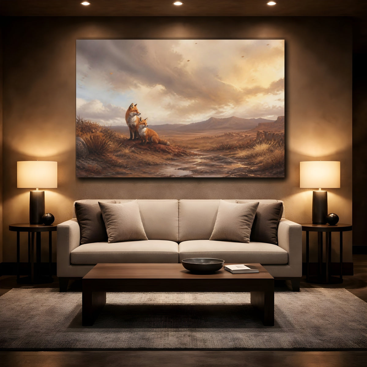 Mockup 2. Foxes In Desert Landscape shown as canvas print