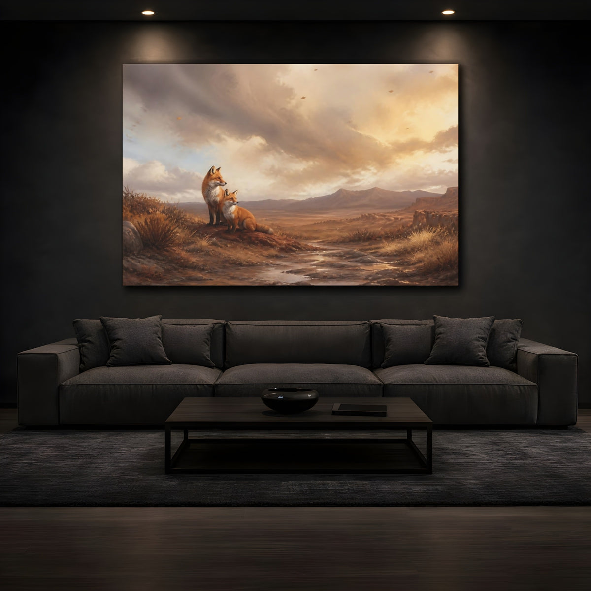 Mockup 3. Foxes In Desert Landscape shown as canvas print
