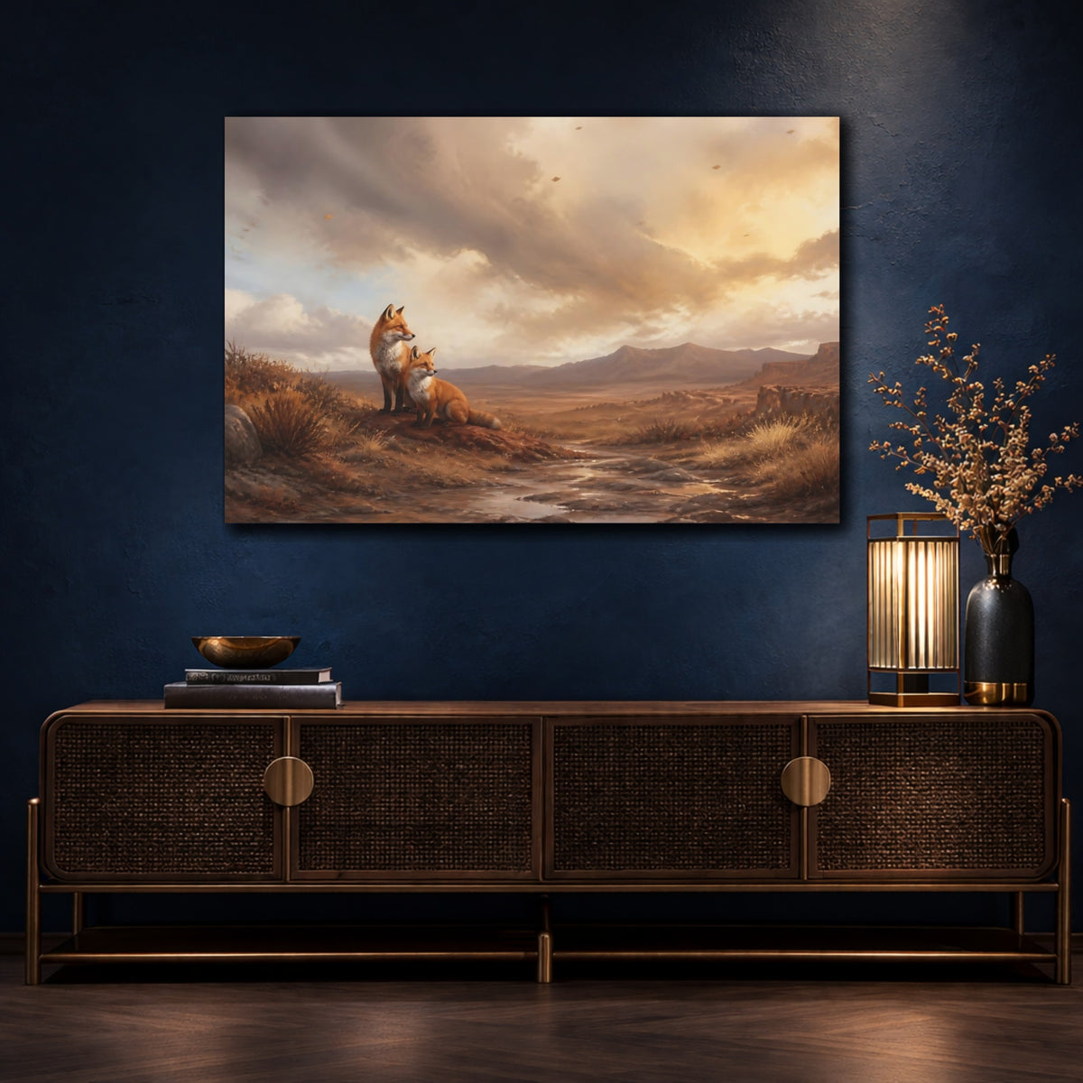 Mockup 4. Foxes In Desert Landscape shown as canvas print