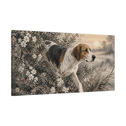 Main Mockup. Foxhound Pets At Dawn shown as canvas print