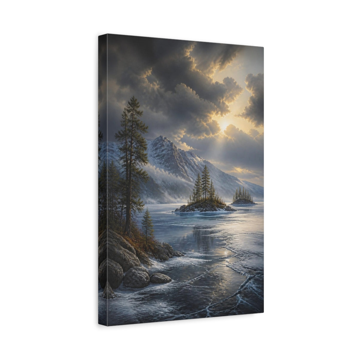 Side Mockup 4. Frozen Lake Landscape shown as canvas print