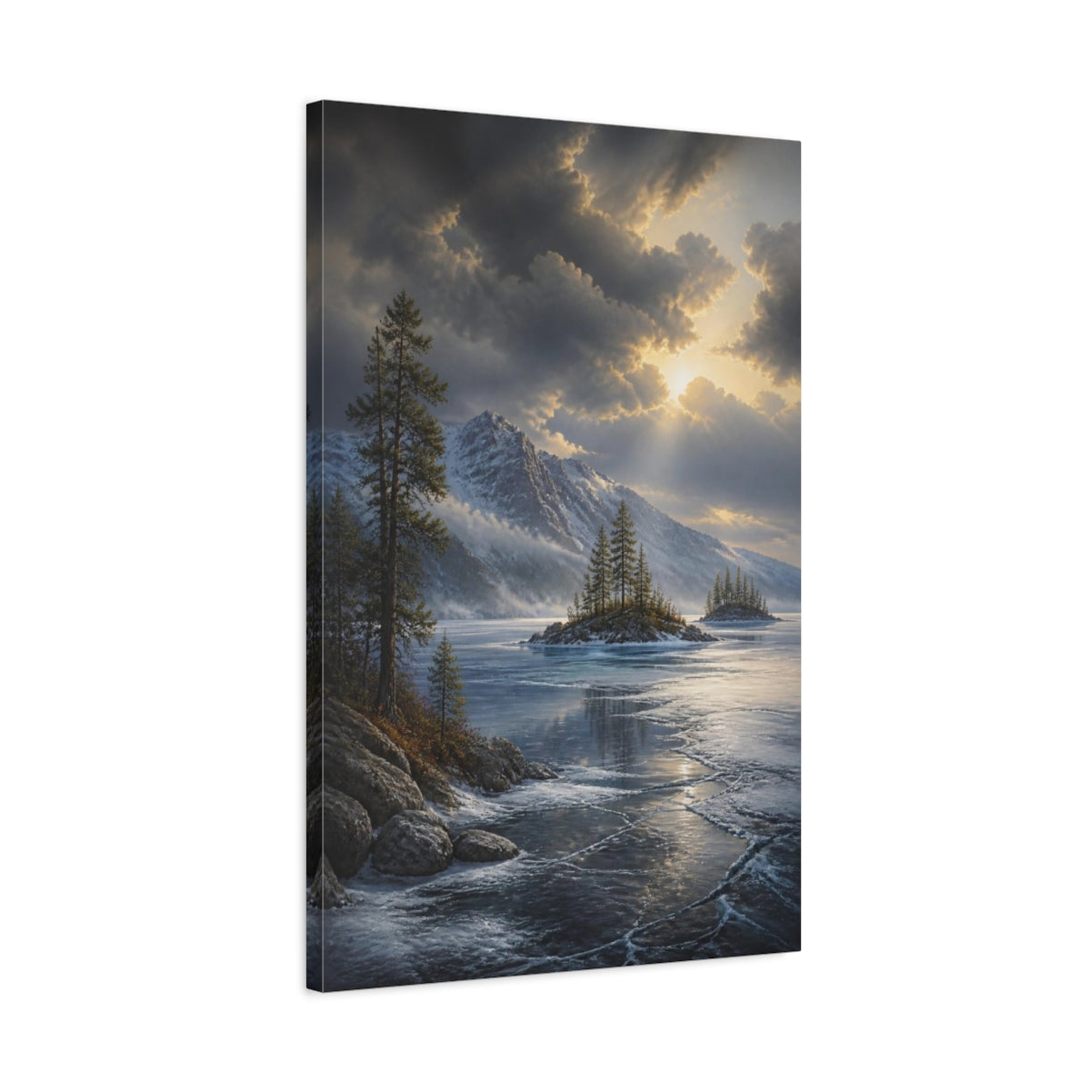 Side Mockup 2. Frozen Lake Landscape shown as canvas print