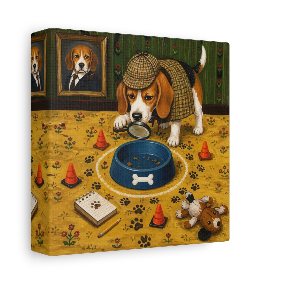 Side Mockup 2. Funny Beagle Detective shown as canvas print