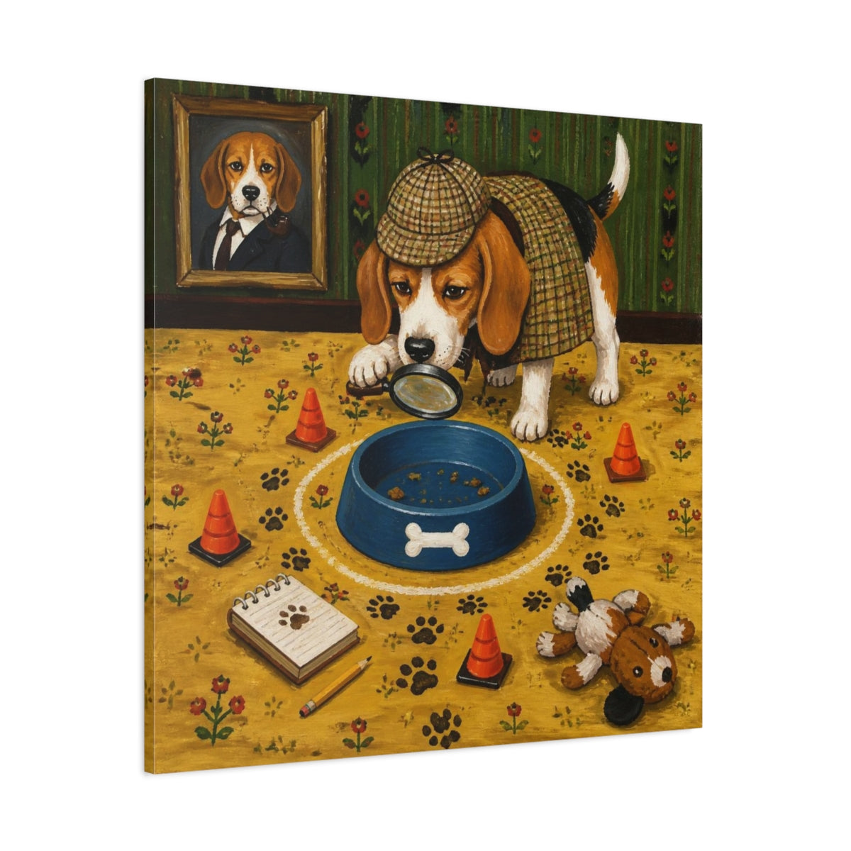 Side Mockup 1. Funny Beagle Detective shown as canvas print
