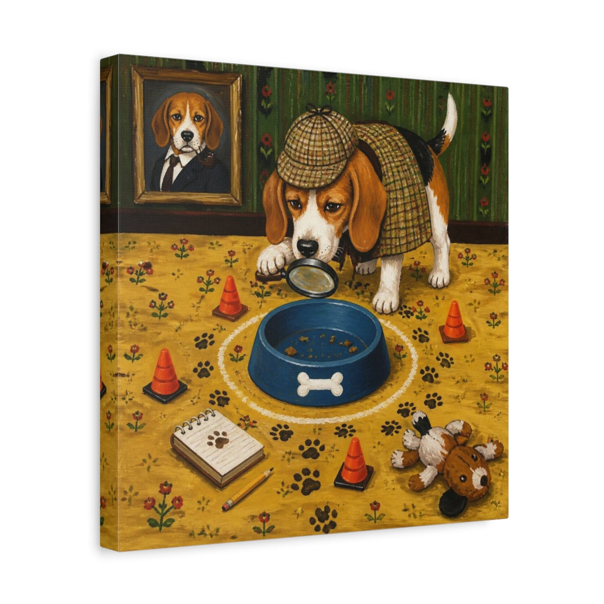 Side Mockup 7. Funny Beagle Detective shown as canvas print