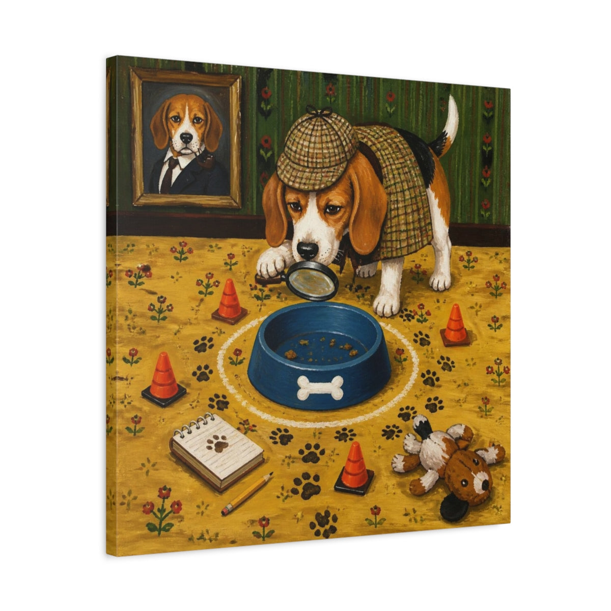 Side Mockup 4. Funny Beagle Detective shown as canvas print
