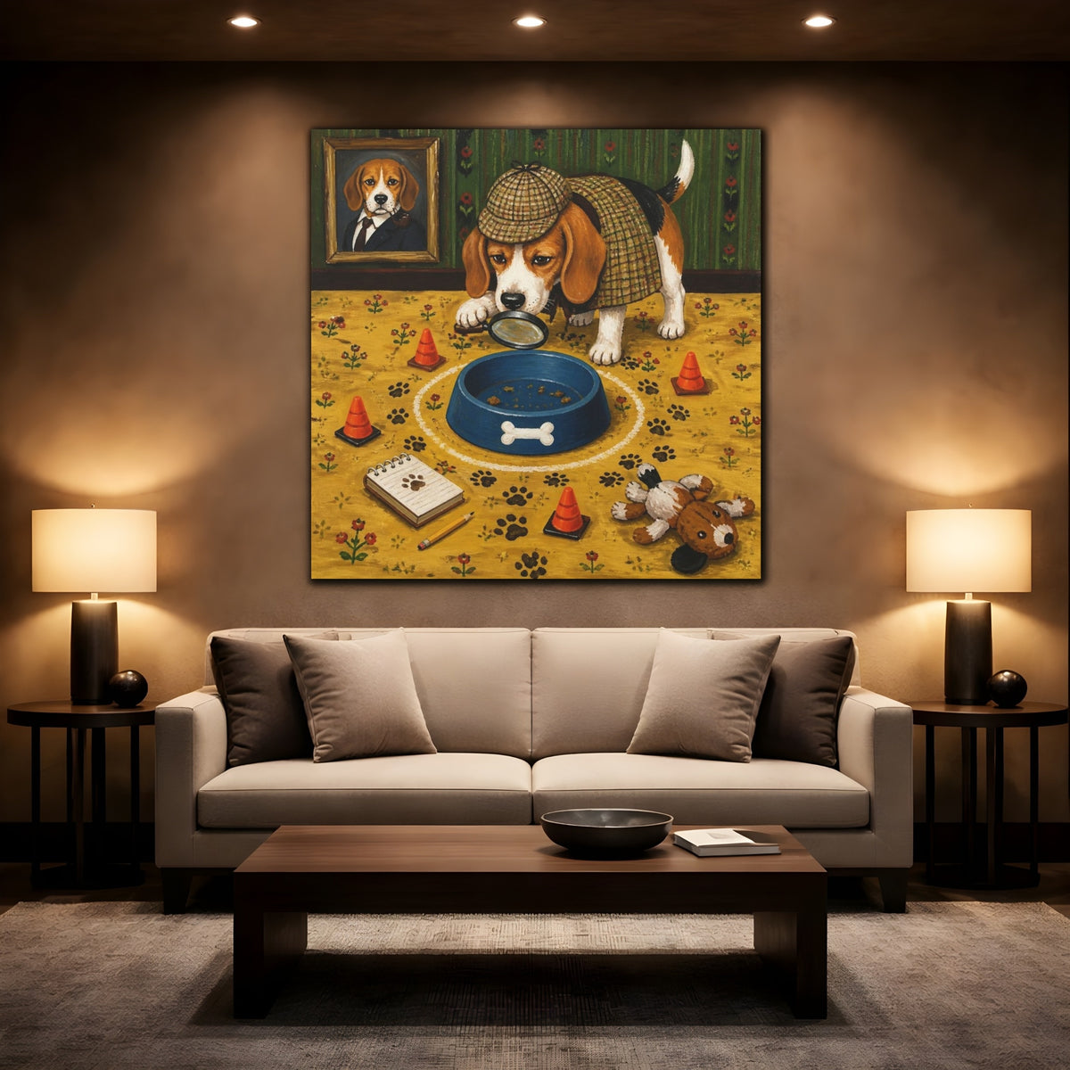 Mockup 2. Funny Beagle Detective shown as canvas print