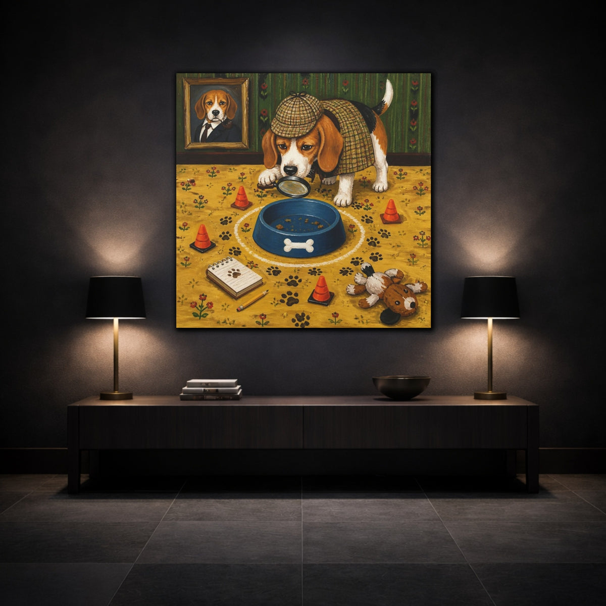 Mockup 3. Funny Beagle Detective shown as canvas print