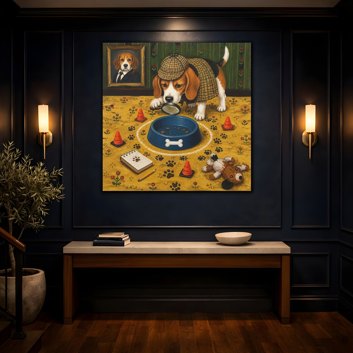 Mockup 4. Funny Beagle Detective shown as canvas print